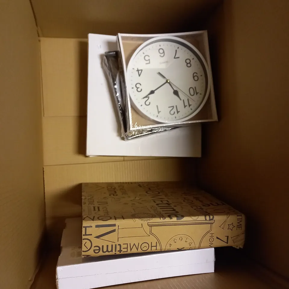 BOX OF APPROXIMATELY 12 ASSORTED SEALED WALL CLOCKS