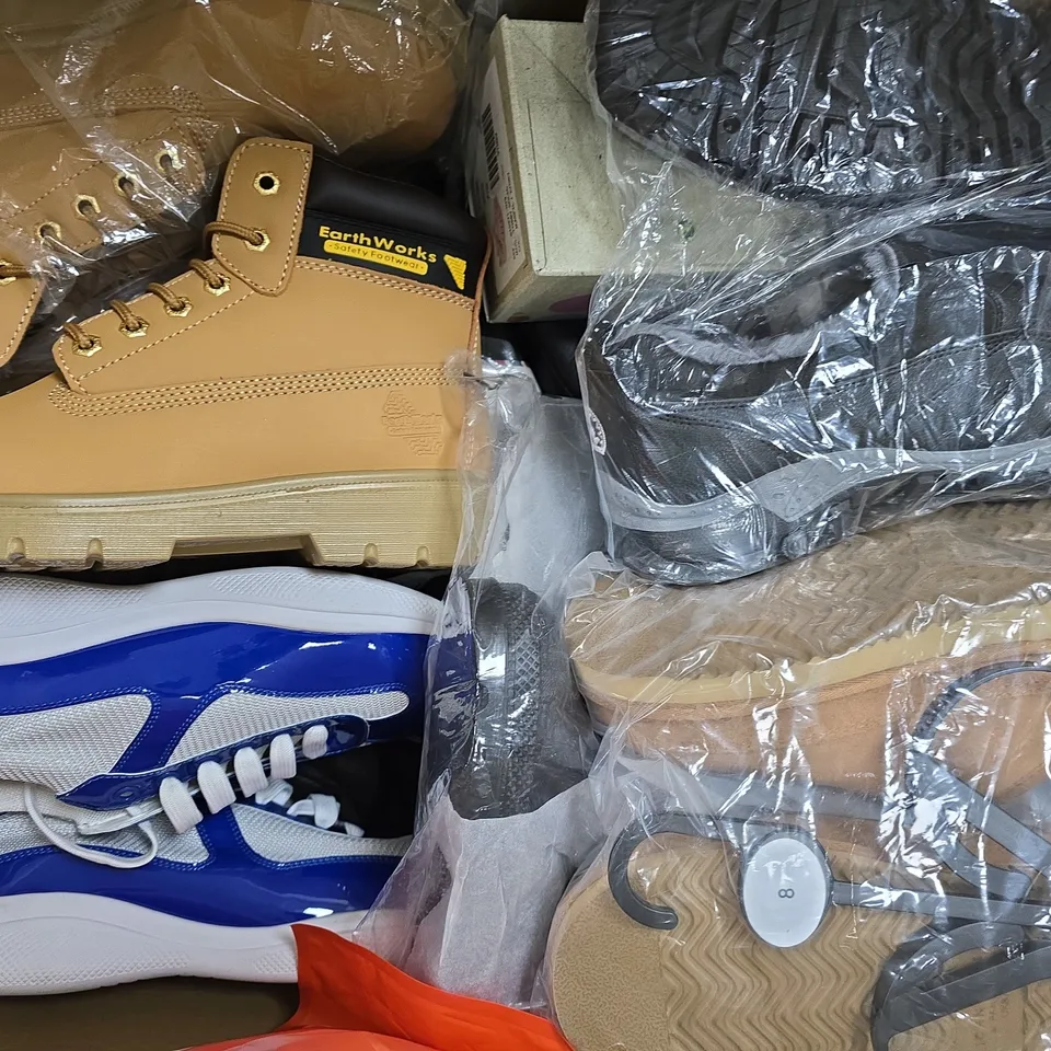 BOX OF APPROXIMATELY 15 ASSORTED PAIRS OF SHOES AND FOOTWEAR ITEMS IN VARIOUS COLOURS, STYLES, AND SIZES - COLLECTION ONLY