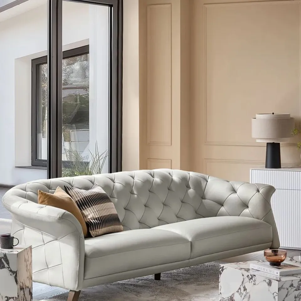 BOXED DANETTI LUXE MODERN NATURAL GREY REAL LEATHER 3 SEATER CHESTERFIELD SOFA WITH DARK WOOD