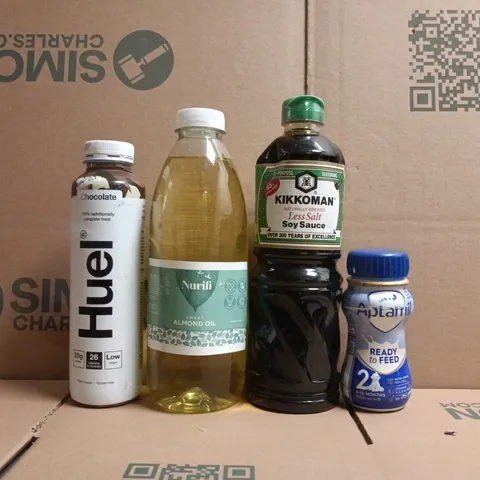 APPROXIMATELY 10 ASSORTED FOOD AND DRINK ITEMS TO INCLUDE SOY SAUCE, ALMOND OIL, ETC