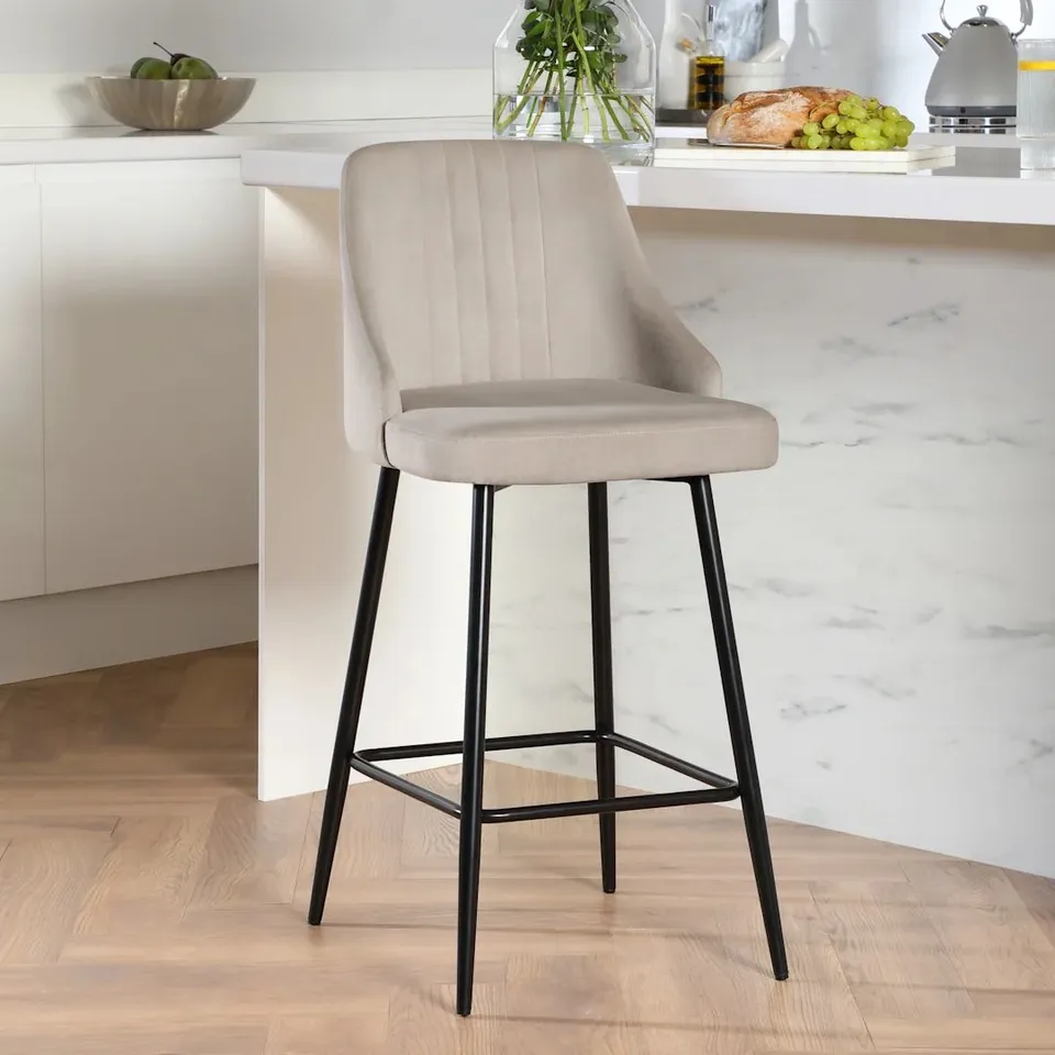 BOXED LISBON BAR STOOL, CHAMPAGNE CLASSIC VELVET & BLACK STEEL