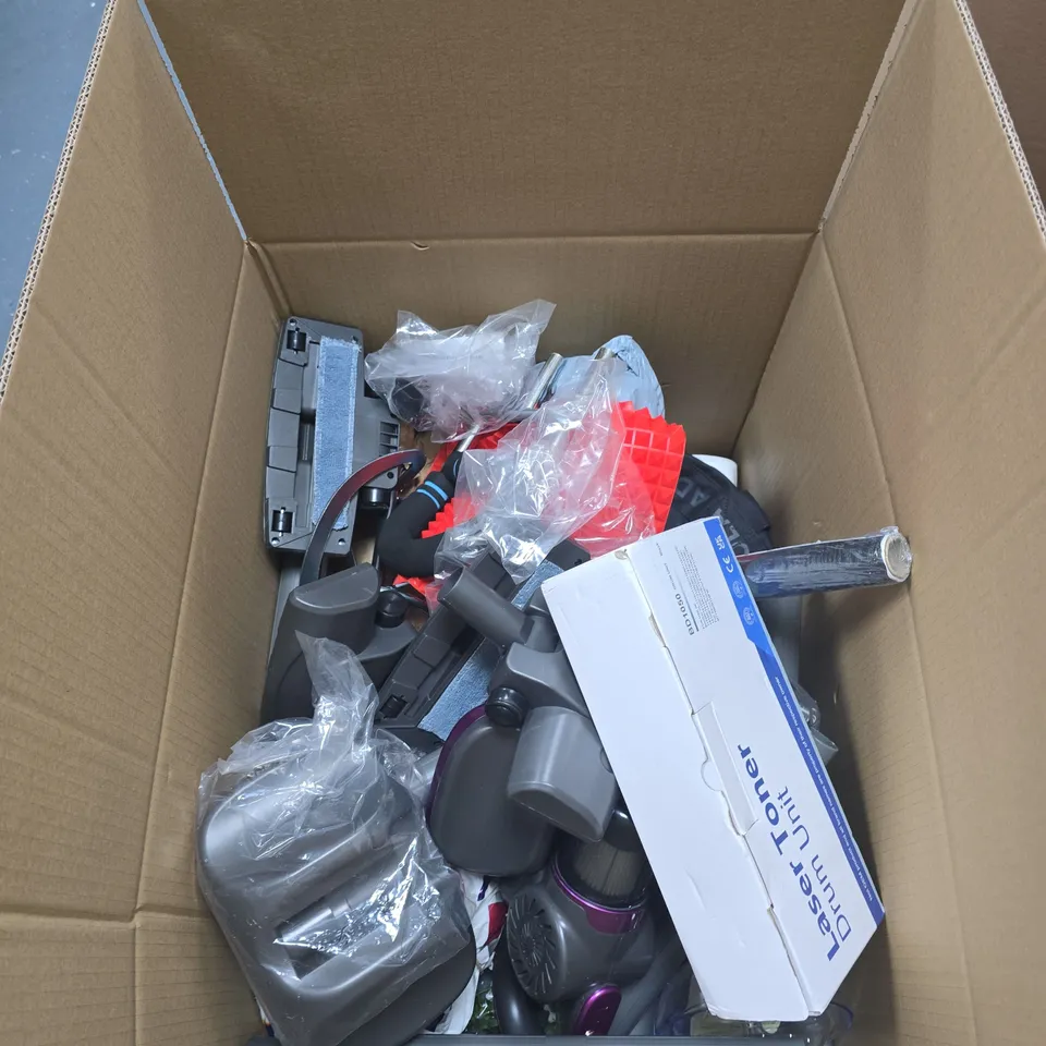 BOX OF APPROXIMATELY 20 ASSORTED HOUSEHOLD ITEMS INCLUDING LASER TONER DRUM UNIT AND ASSORTED VACUUM ATTACHMENTS 