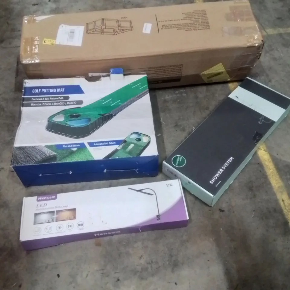 PALLET OF ASSORTED HOUSEHOLD GOODS AND PRODUCTS TO INCLUDE;PLAYPEN, GOLF PUTTING MAT,LED DESK LAMP, SHOWER SYSTEM AND OTHER ASSORTED ITEMS...