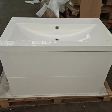 FREESTANDING GLOSS WHITE 2-DRAWER VANITY UNIT WITH TAP, BASIN AND MIRROR