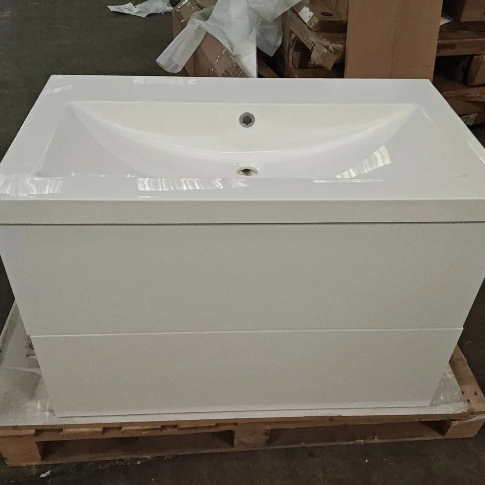 FREESTANDING GLOSS WHITE 2-DRAWER VANITY UNIT WITH TAP, BASIN AND MIRROR