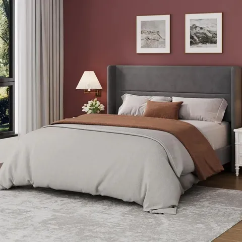 BOXED GARVEE FULL SIZE BED FRAME WITH WINGBACK HEADBOARD, VELVET UPHOLSTERED, GREY, PLATFORM BED, 8'' UNDER-BED STORAGE, EASY ASSEMBLY
