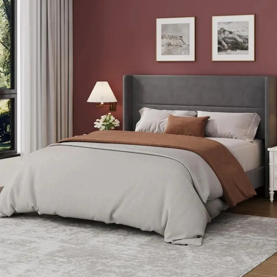 BOXED GARVEE FULL SIZE BED FRAME WITH WINGBACK HEADBOARD, VELVET UPHOLSTERED, GREY, PLATFORM BED, 8'' UNDER-BED STORAGE, EASY ASSEMBLY