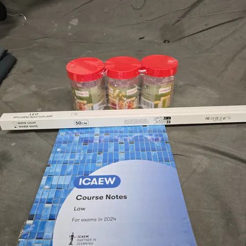 BOX OF APPROXIMATELY 15 ASSORTED HOUSEHOLD ITEMS TO INCLUDE SUNPET FOOD STORAGE POTS, LAW COURSE NOTES PAD AND AN LED INTELLIGENT INDUCTION LAMP