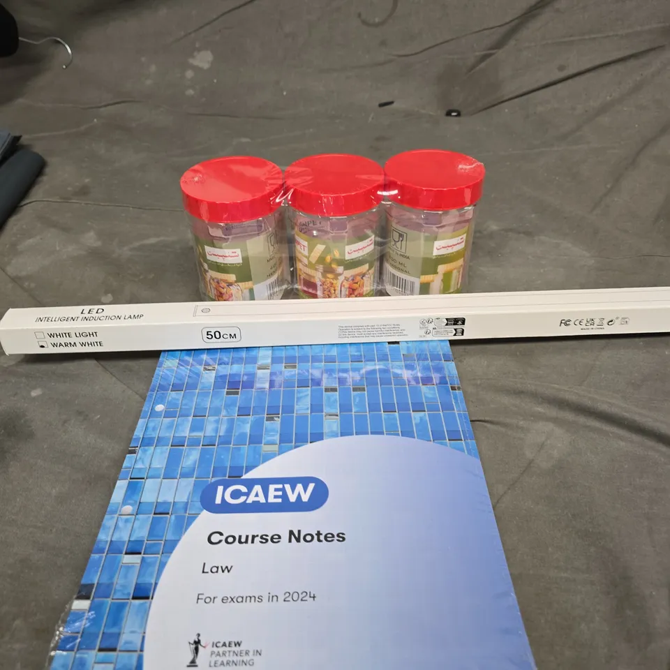 BOX OF APPROXIMATELY 15 ASSORTED HOUSEHOLD ITEMS TO INCLUDE SUNPET FOOD STORAGE POTS, LAW COURSE NOTES PAD AND AN LED INTELLIGENT INDUCTION LAMP