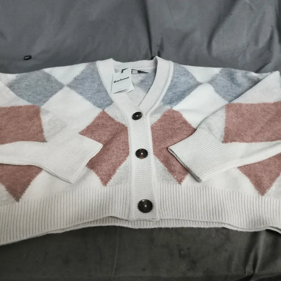 BARBOUR SILVIA KNITTED CARDIGAN – MULTI ARGYLE, UK SIZE 16