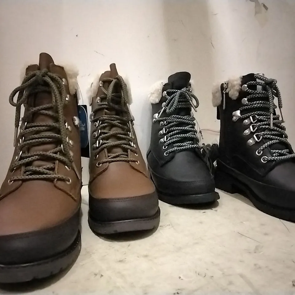 BOXED UNISEX EMU AUSTRALIA OKAB BOOTS , 3 PAIR BLACK  SIZE 3 , 1 PAIRS OAK SIZE 9 