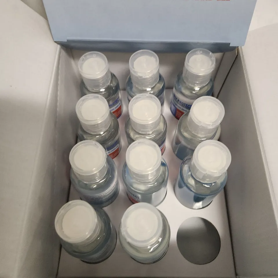 BOX OF APPROXIMATELY 8 BOXES OF 12 SIMPLY PROTECT ALCOHOL CLEANSING HAND GEL 58ML