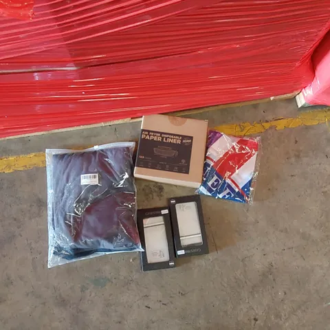 PALLET OF ASSORTED ITEMS INCLUDING, MENS LONG SLEEVE T SHIRTS, DISPOSABLE AIR FRYER LINERS, QUEEN JUBILEE DECORATIONS, PHONE CASES