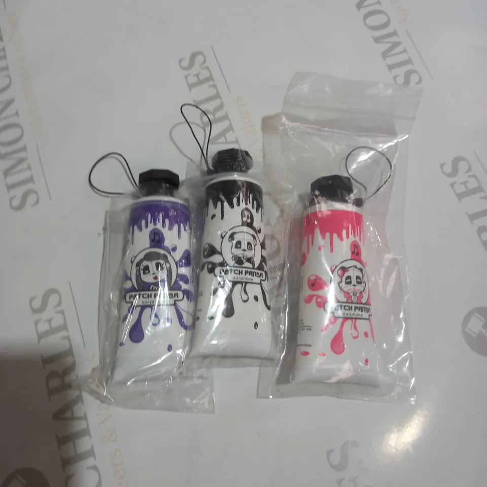 BOX OF APPROXIMATELY 100 PANDA EARPHONES - BLACK/PINK/PURPLE