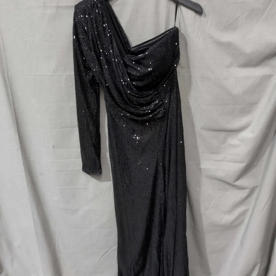 WOMEN'S BLACK SEQUIN ONE-SHOULDER LONG-SLEEVE EVENING DRESS – SIZE L 