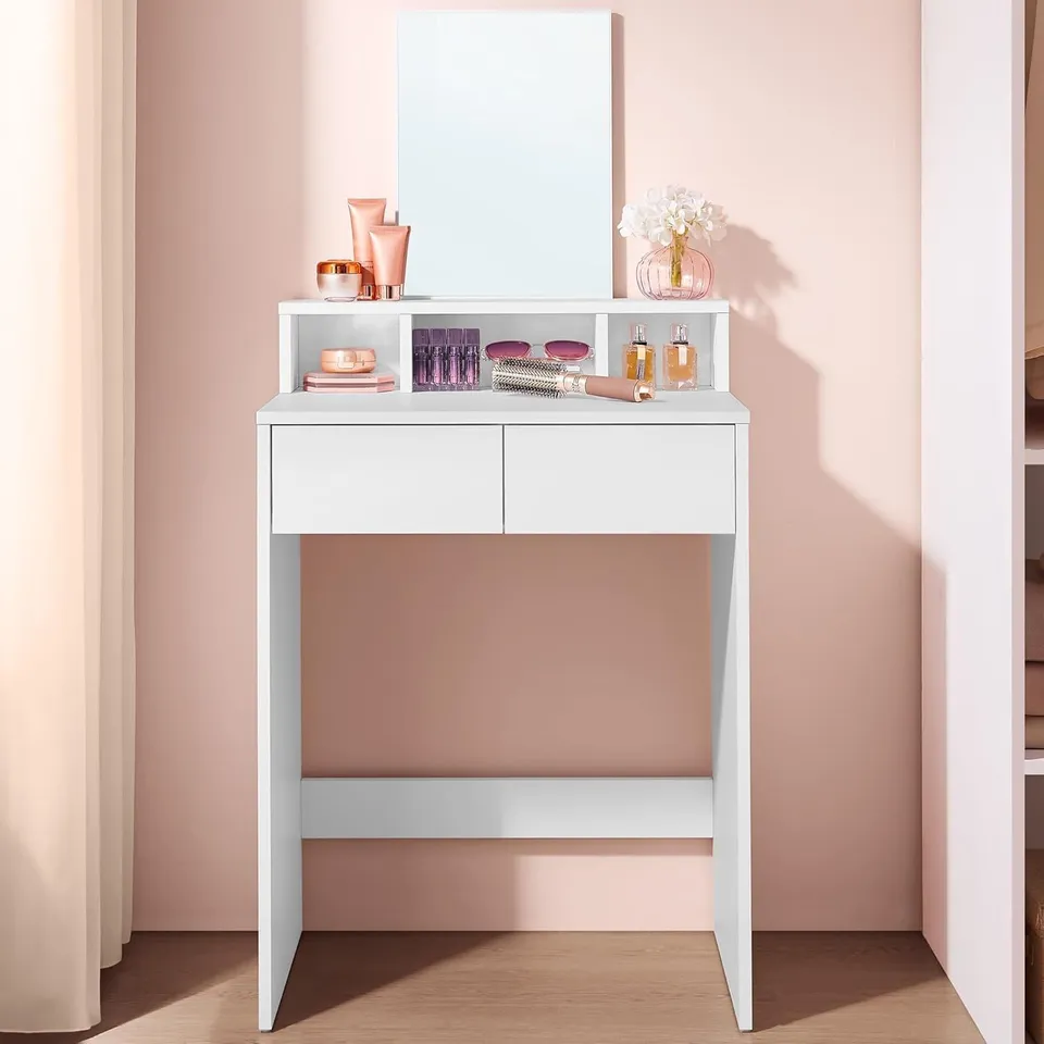 BOXED VASAGLE COLLECTION - DRESSING TABLE WITH LARGE MIRROR, VANITY TABLE WITH 2 DRAWERS AND 3 COMPARTMENTS, MAKEUP TABLE, MODERN, WHITE KAILYN URDT103W01