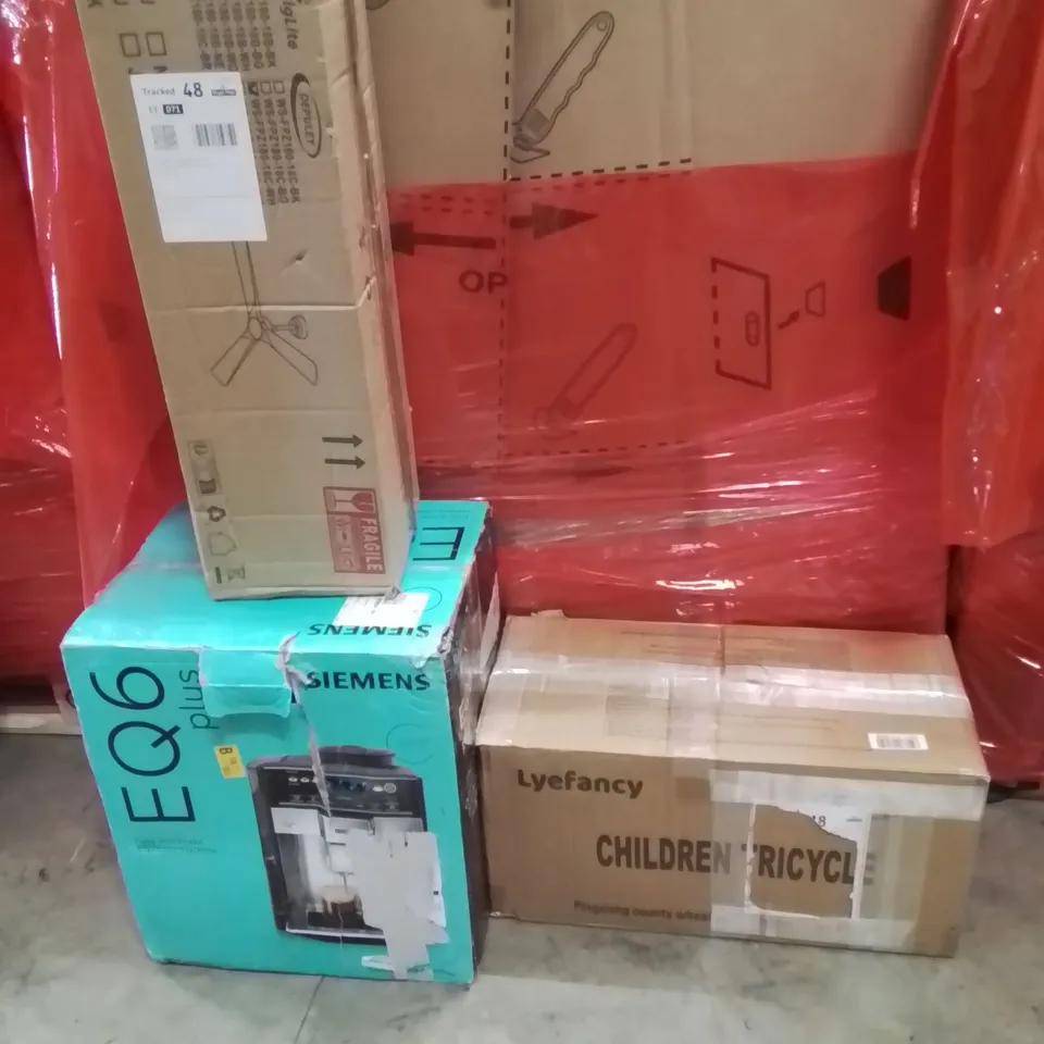 PALLET OF ASSORTED HOUSEHOLD GOODS AND PRODUCTS TO INCLUDE;COFFEE MACHINE,KIDS TRICYCLE,CEILING FAN 