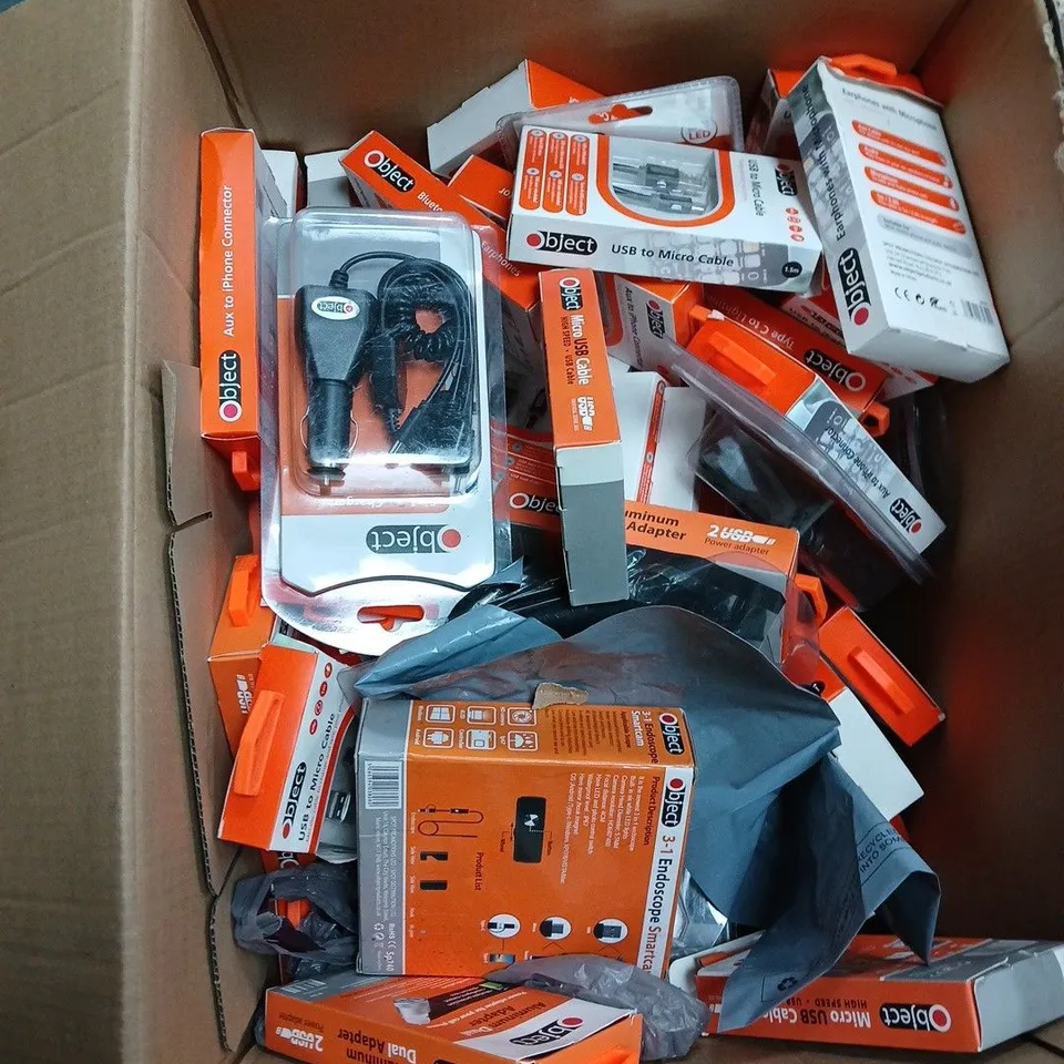 BOX OF APPROXIMATELY 50 ASSORTED ELECTRICAL ITEMS INCLUDING 5 IN 1 CAR CHARGER , TYPE C LIGHTNING CABLE AND ALUMINUM DUAL ADAPTER 