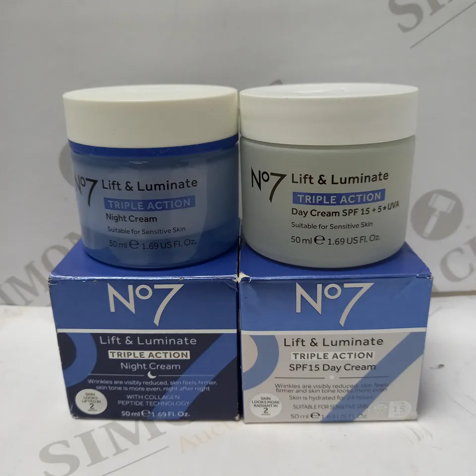 LOT OF 2 NO7 LIFT & LUMINATE TRIPLE ACTION SPF 15 DAY CREAM 50ML & NIGHT CREAM 50ML