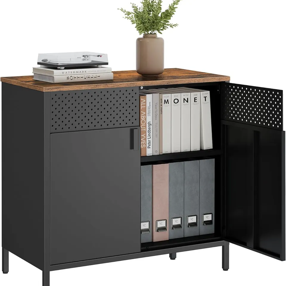 BOXED SONGMICS STORAGE CABINET, METAL CABINET WITH DOUBLE DOORS - BROWN/BLACK