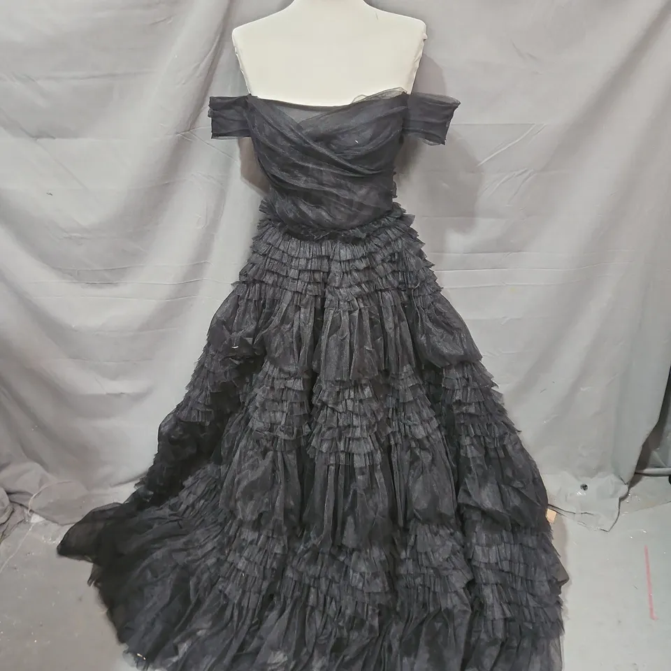 OFF SHOULDER LACE-UP TULLE OCCASION DRESS WITH BONED PETTICOAT IN BLACK SIZE UNSPECIFIED - COLLECTION ONLY