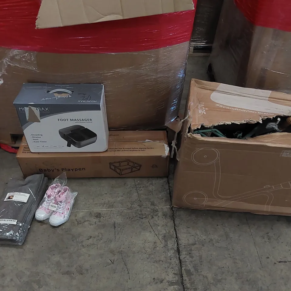 PALLET OF ASSORTED ITEMS INCLUDING: FOOT MASSAGER, BABY'S PLAYPEN, CHILDREN'S BIKE, GIRL'S SHOES,  MICROFIBER CLOTHS
