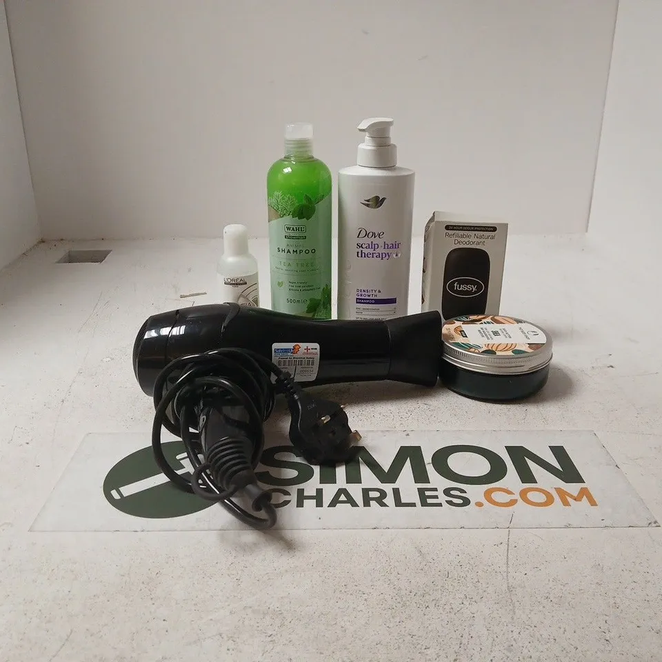 TOTE OF APPROXIMATELY 20 ASSORTED COSMETIC ITEMS TO INCLUDE HAIR DRYER, WAHL SHAMPOO, DOVE SCALP + HAIR SHAMPOO, L'OREAL DULCIA ADVANCED, BODY SHOP SHEA BUTTER ETC