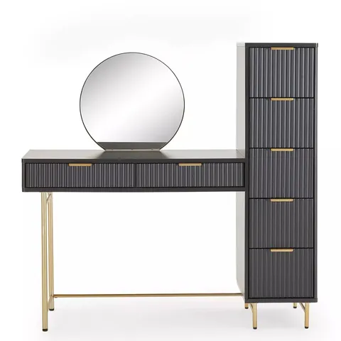 CORA DRESSING TABLE, MIRROR AND SIDE DRAWERS SET - BLACK/BRASS 