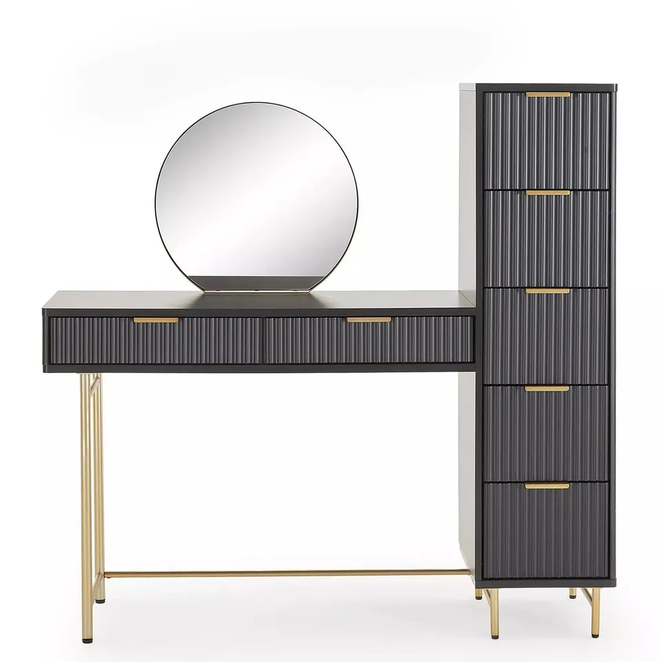CORA DRESSING TABLE, MIRROR AND SIDE DRAWERS SET - BLACK/BRASS 