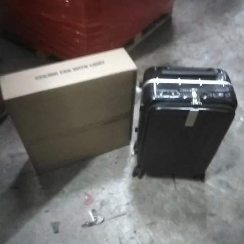 PALLET OF ASSORTED ITEMS TO INCLUDE; CEILING FAN WITH LIGHT, SUITCASE