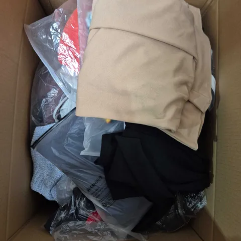 LARGE BOX OF APPROXIMATELY 25 ASSORTED CLOTHING ITEMS IN VARIOUS COLOURS, STYLES AND SIZES - COLLECTION ONLY