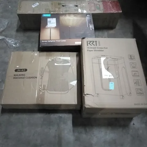PALLET OF HOUSEHOLD ITEMS TO INCLUDE WALKING MASSAGE CUSHION, PAPER SHREDDER, GOVEE UPLIGHTER FLOOR LAMP,CHRISTMAS TREE AND OTHER ASSORTED ITEMS...