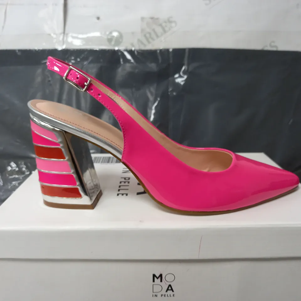 BOXED MODA IN PELLE DINELLA PINK METALLIC LEATHER HIGH HEELS - SIZE 7