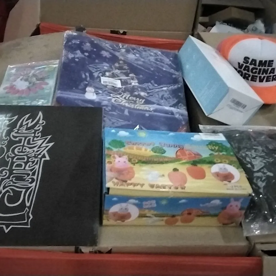 PALLET OF ASSORTED PRODUCTS TO INCLUDE; PARTY HATS, OUTDOOR JACKET CLOTHING, CHRISMAS GROCERY BAGS, DVDS, VINYL AND SPORTS WATER BOTTLES