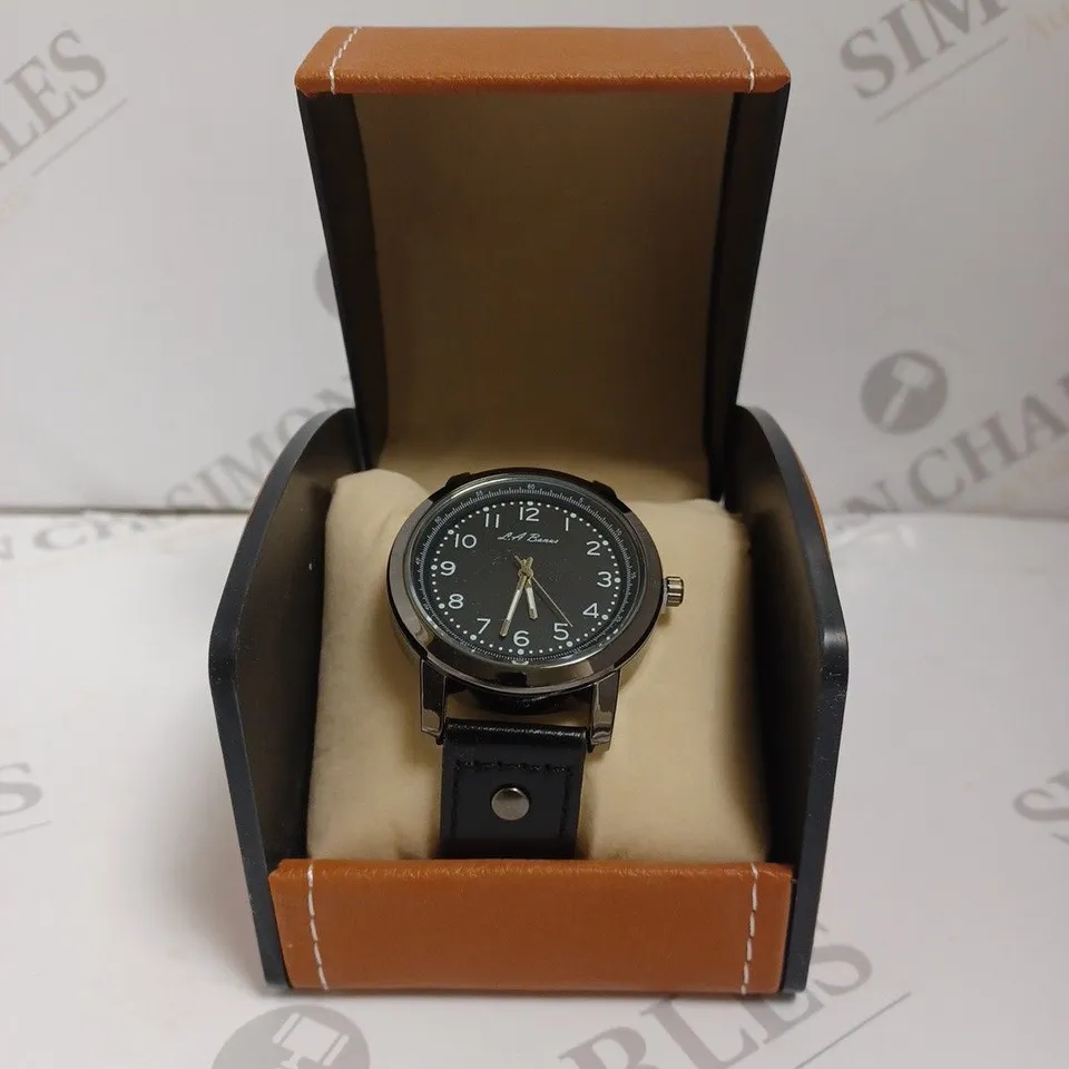 BOXED LA BANUS LUXURY MENS FIELD WATCH - 3ATM WATER RESISTANT - STAINLESS STEEL - LEATHER STRAP 