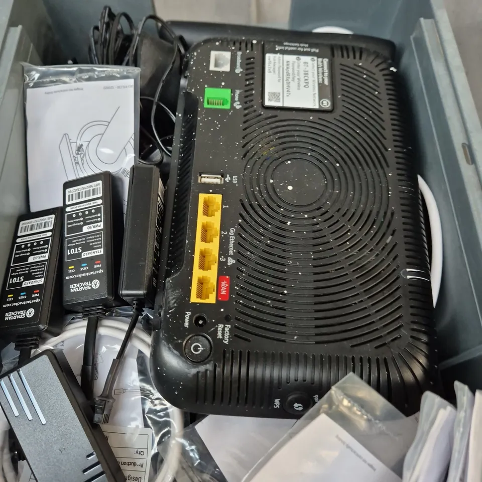 APPROXIMATELY 10 ASSORTED ELECTRICAL PRODUCTS TO INCLUDE ROUTERS, TELEPHONES, REPLACEMENT REMOTES ETC 