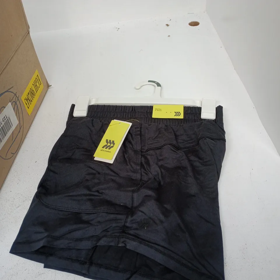 BOX OF APPROXIMATELY 12 BLACK MID RISE SHORTS IN ASSORTED SIZES