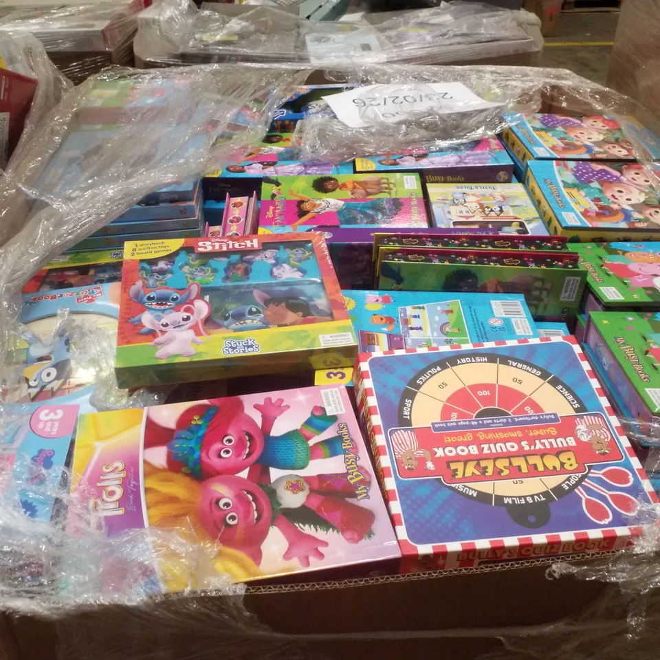PALLET CONTAINING ASSORTED CHILDRENS BOOKS & ACTIVITIES INCLUDING BULLSEYE BULLYS QUIZ BOOK, PEPPA PIG BUSY BOOK, ENCANTO BUSY BOOK, COCOMELON BUSY BOOK & DISNEY STITCH STUCK ON STORIES