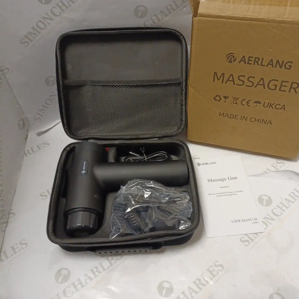BOXED AERLANG MASSAGE GUN WITH CARRY CASE, ACCESSORIES, USB CABLE AND USER MANUAL