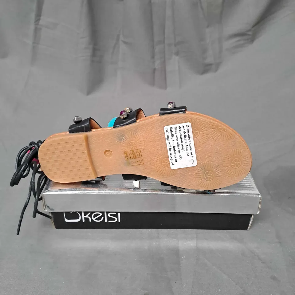 BOX OF APPROXIMATELY 10 PAIRS OF KELSI EMBELLISHED SANDALS IN BLACK - VARIOUS SIZES