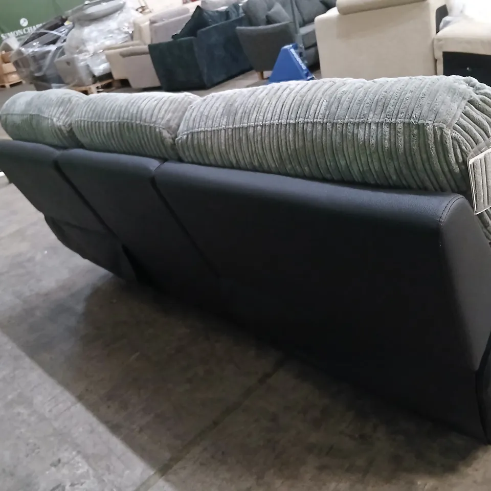 SIENNA GREY CORDUROY 3-SEATER RECLINING SOFA WITH BLACK FAUX-LEATHER ARMS