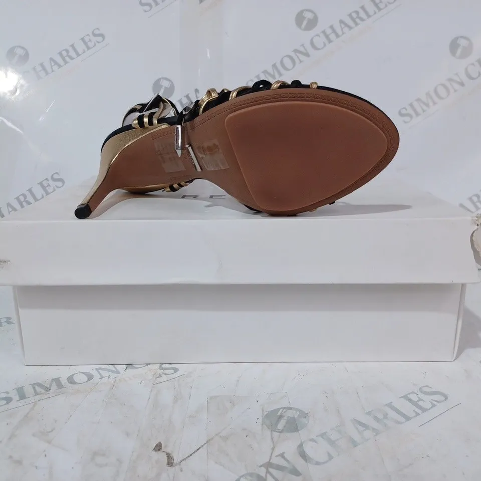 BOXED PAIR OF REISS CASSIDY STRAPPY HEELS IN BLACK/GOLD SIZE 5