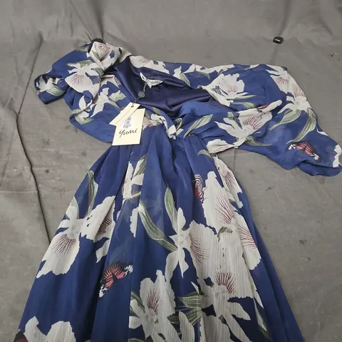 YUMI NAVY FLORAL PRINT KIMONO MIDI WRAP DRESS – UK 12