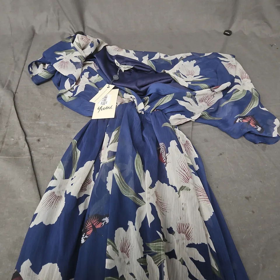 YUMI NAVY FLORAL PRINT KIMONO MIDI WRAP DRESS – UK 12