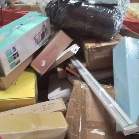 PALLET CONTAINING VARIOUS ASSORTED BOXED HOUSEHOLD ITEMS TO INCLUDE: HEATED BLANKET, PLAYPEN, PLAYMAT, REALISTIC DOLL, BLINDS AND LOTS MORE UNMARKED BOXED ITEMS 