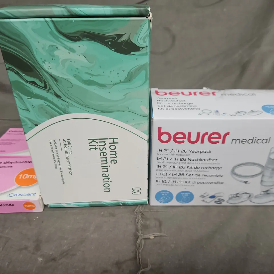 APPROXIMATELY 5 ASSORTED ITEMS TO IMCLUDE BEURER MEDICAL IH21/IH26 YEARPACK + HOME INSEMINATION KIT AND DISPOSABLE SYRINGE