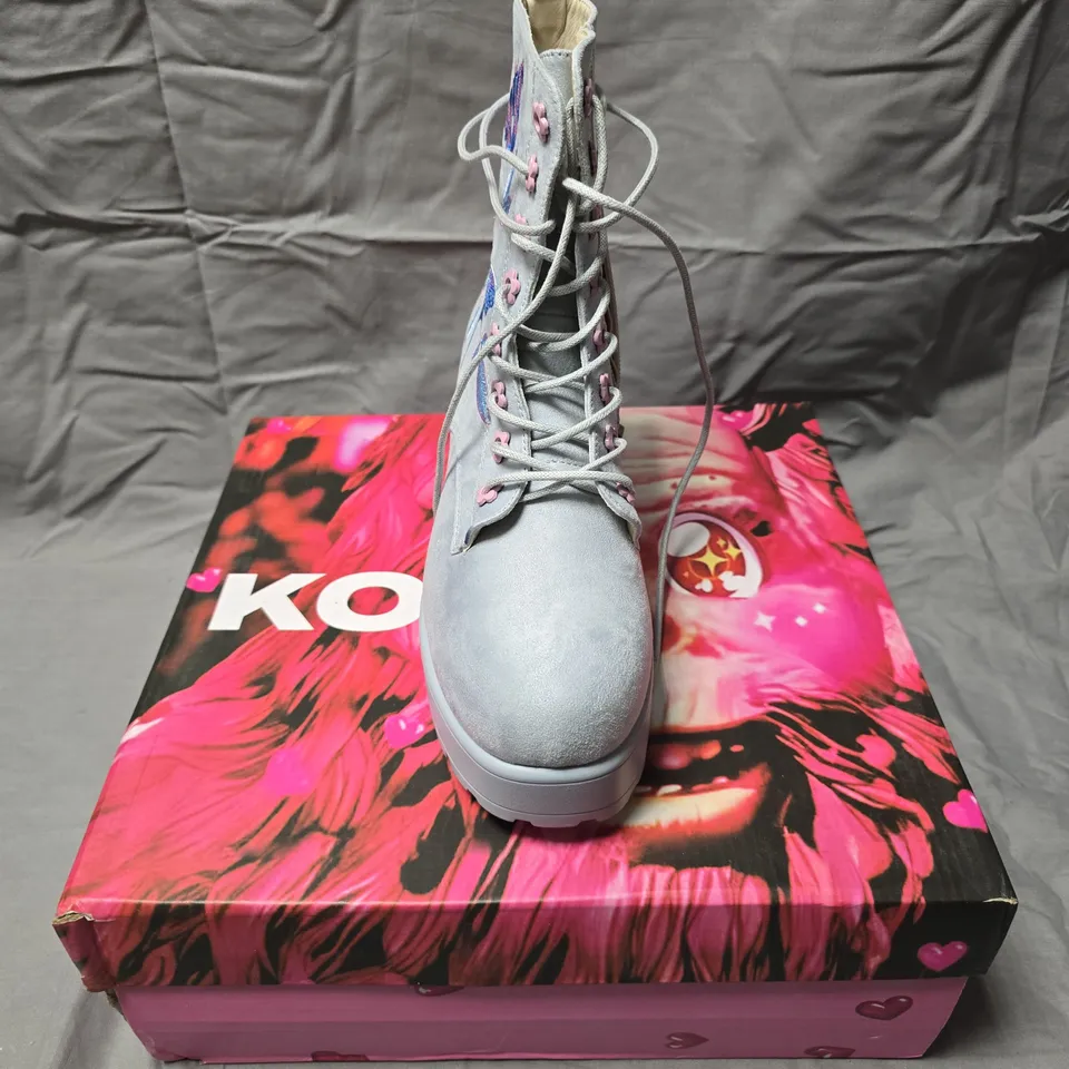 BOXED PAIR OF KOI BUTTERFLY DUNE SUEDE PLATFORM MILITARY BOOTS IN BLUE -  7