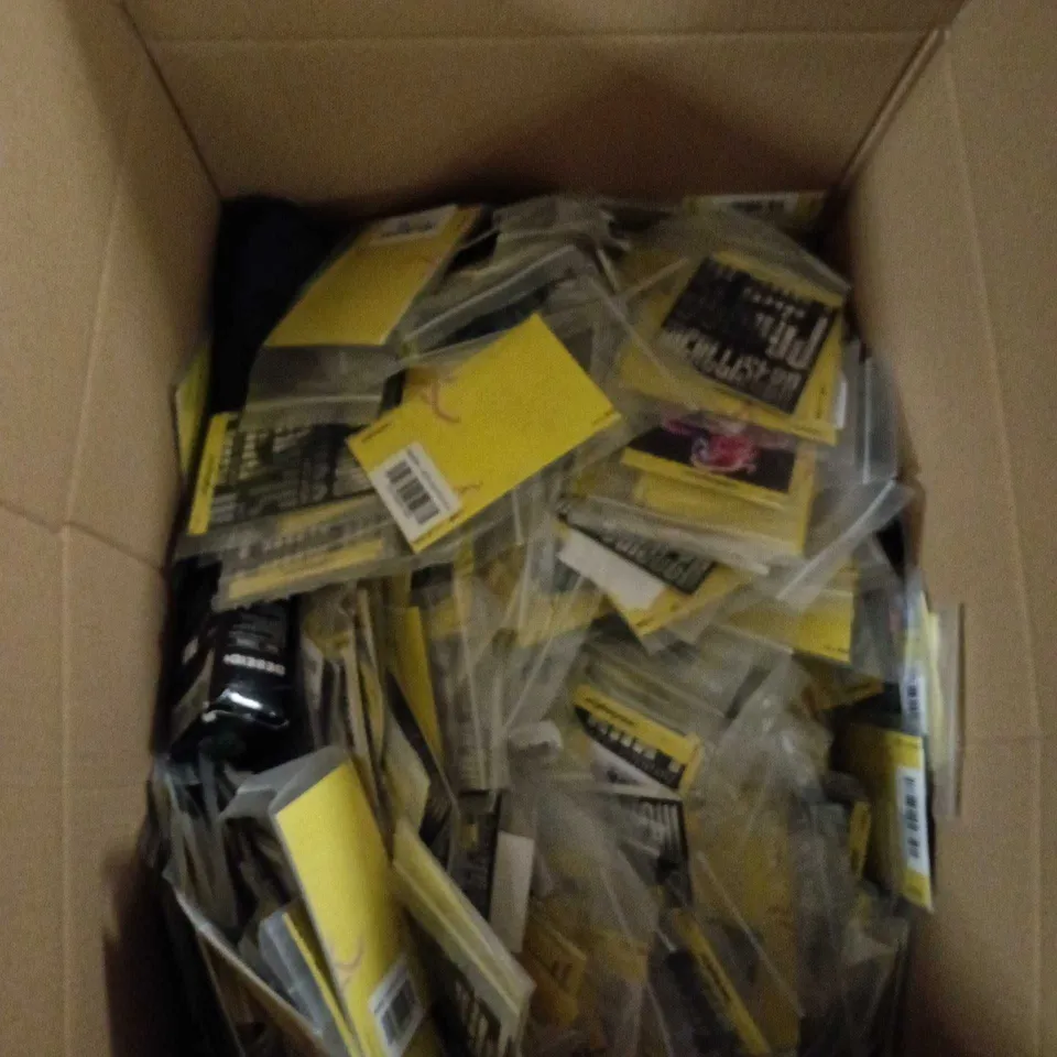 BOX OF ASSORTED HOUSHOLD GOODS INCLUDING: CYBERPUNK POSTCARDS, DISPOSABLE MASKS AND HOME WIFI MESH SYSTEM