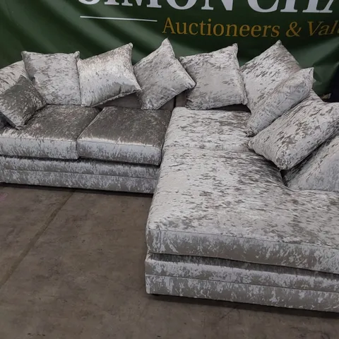 DESIGNER CHAISE SOFA CRUSHED SILVER VELVET WITH SCATTER CUSHIONS