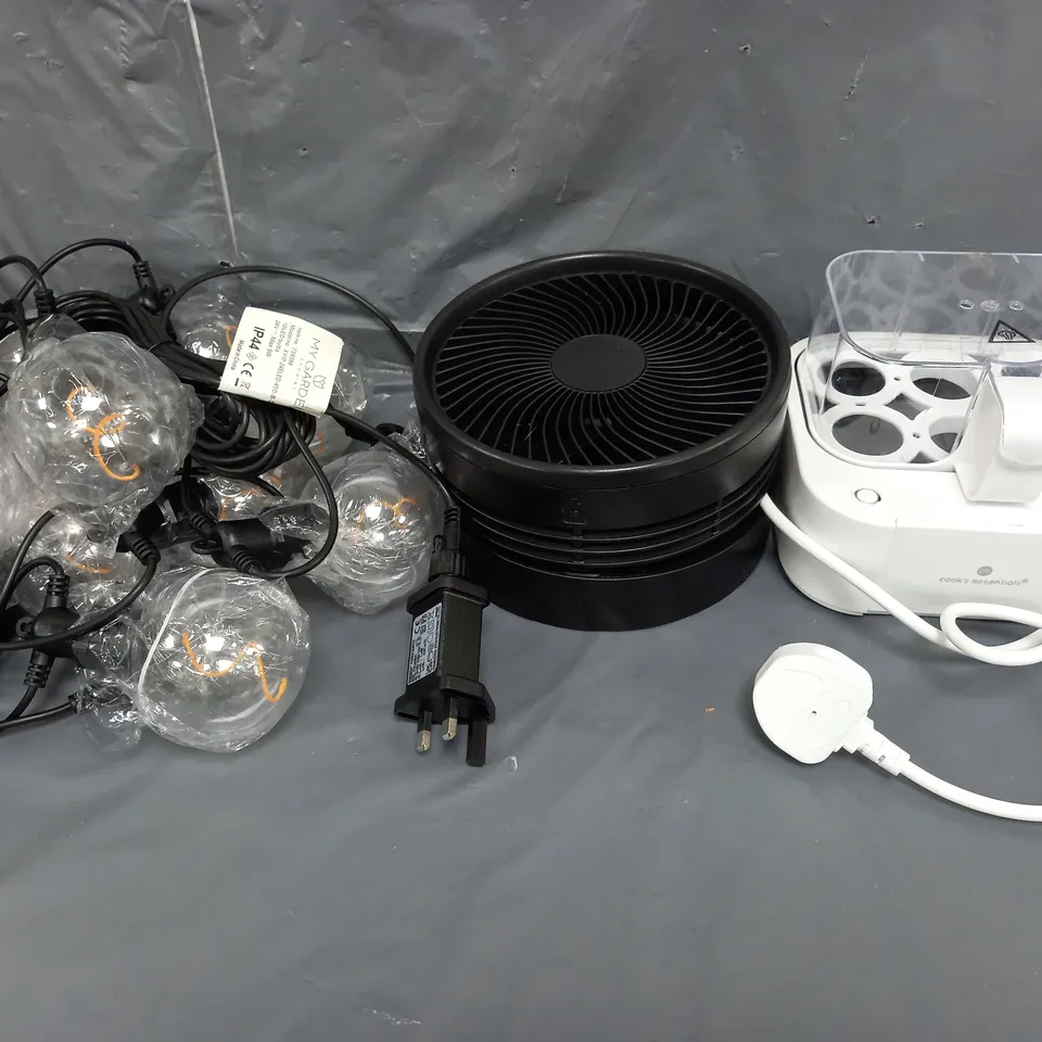 APPROXIMATELY 10 HOUSEHOLD ITEMS TO INCLUDE SMART TALKING EGG COOKER, FOLDABLE FAN AND GARDEN STRAND LIGHTING